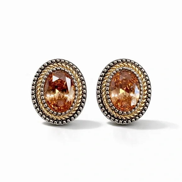 ⚜️ Elegant Gold and Brown Oval Clip-On Earrings - Picture 1 of 7